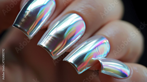 Close-up nail art with futuristic silver, holographic effects, sleek and modern feel. Glamour woman hand with nail polish on her fingernails. Nail art and design.