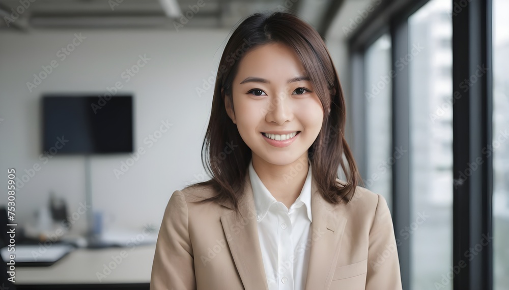 Professional, confident Asian business woman in office meeting room, desk, computer screen