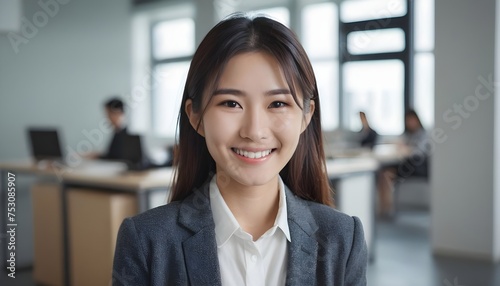 Professional, confident Asian business woman in office meeting room, desk, computer screen