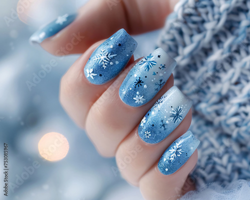 Close-up nail art with winter wonderland theme, icy blue shades, snowflake patterns, cool and magical mood. Glamour woman hand with nail polish on her fingernails. Nail art and design.