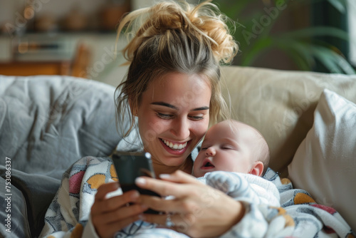 Young mother typing text message on mobile phone at home while holding her baby