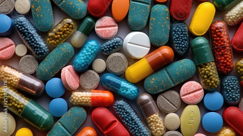 Pills background. Top view of many colorful pills