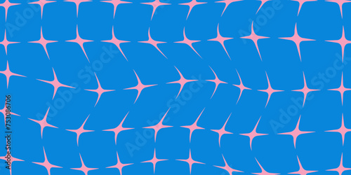 Trippy psychedelic pattern of pink stars on blue background. Retro abstract design in y2k style