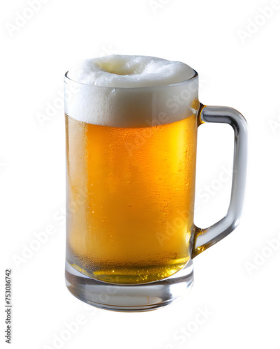 A glass of foaming beer on an isolated transparent background