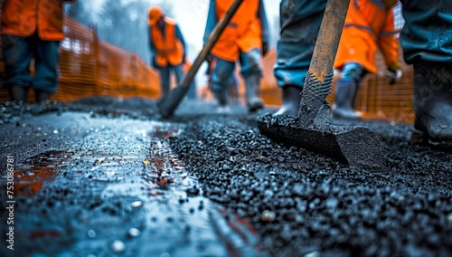 construction workers pour asphalt at a construction work site