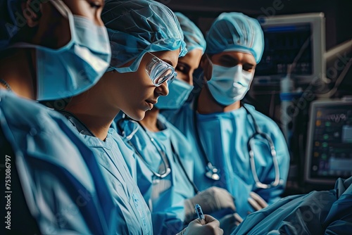 A group of surgeons in a briefing before a complex operation emphasizing collaboration