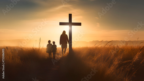 a family around a cross, a united family walking towards a cross, christian concept