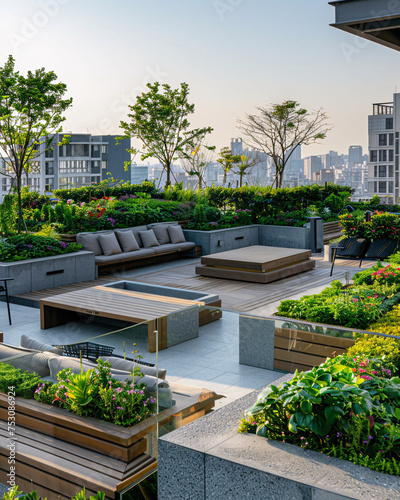 Corporate garden rooftop offering a green escape for employees, illustrating the concept of work-life balance. Sustainable green building. Eco-friendly building. Green architecture.