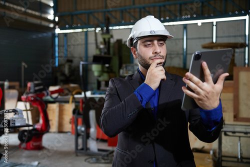 businessman using tablet for video call online and talking to someone in robot factory