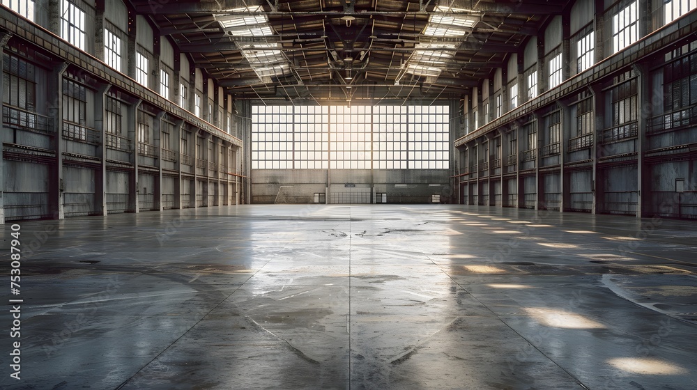 Background banner of an empty industrial warehouse