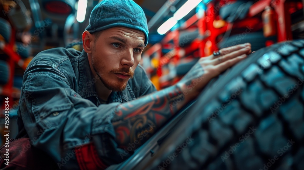 a mechanic with tattoos balances a car wheel. mechanic in a well-lit and organized workshop, wearing a professional uniform that highlights the tattoos on their arms. a mechanic with tattoos balances a car wheel. mechanic in a well-lit and organized workshop, wearing a professional uniform that highlights the tattoos on their arms.