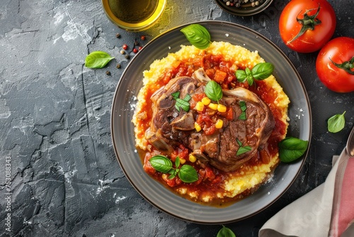 Traditional Italian dish Ossobuco all Milanese made with cut veal shank meat with vegetable tomato sauce served with corn polenta on ceramic plate top view on rustic stone background. 