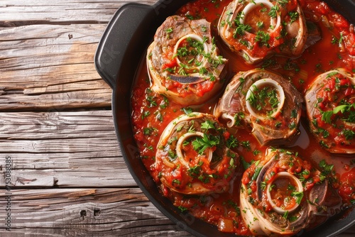 Traditional Italian dish Ossobuco all Milanese made with cut veal shank meat with vegetable tomato sauce served in black casserole pan top view on rustic brown wooden background, copy space. 