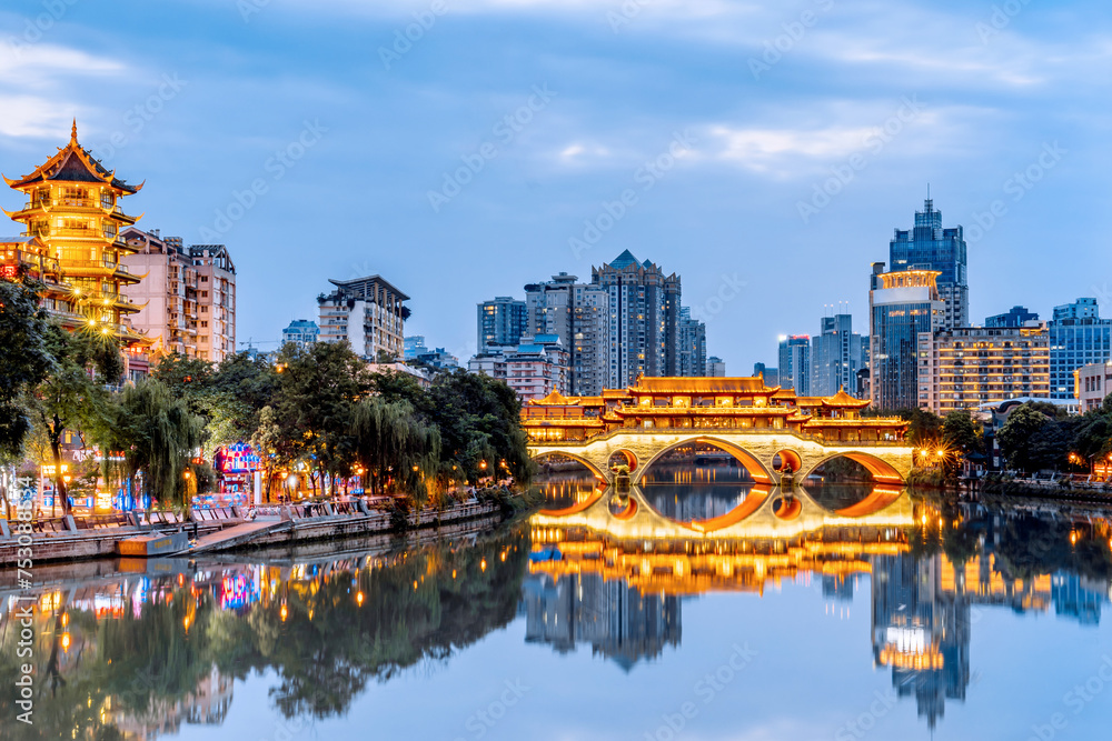 Night Scenery of Anshun Bridge and Urban Skyline in Chengdu, Sichuan, China