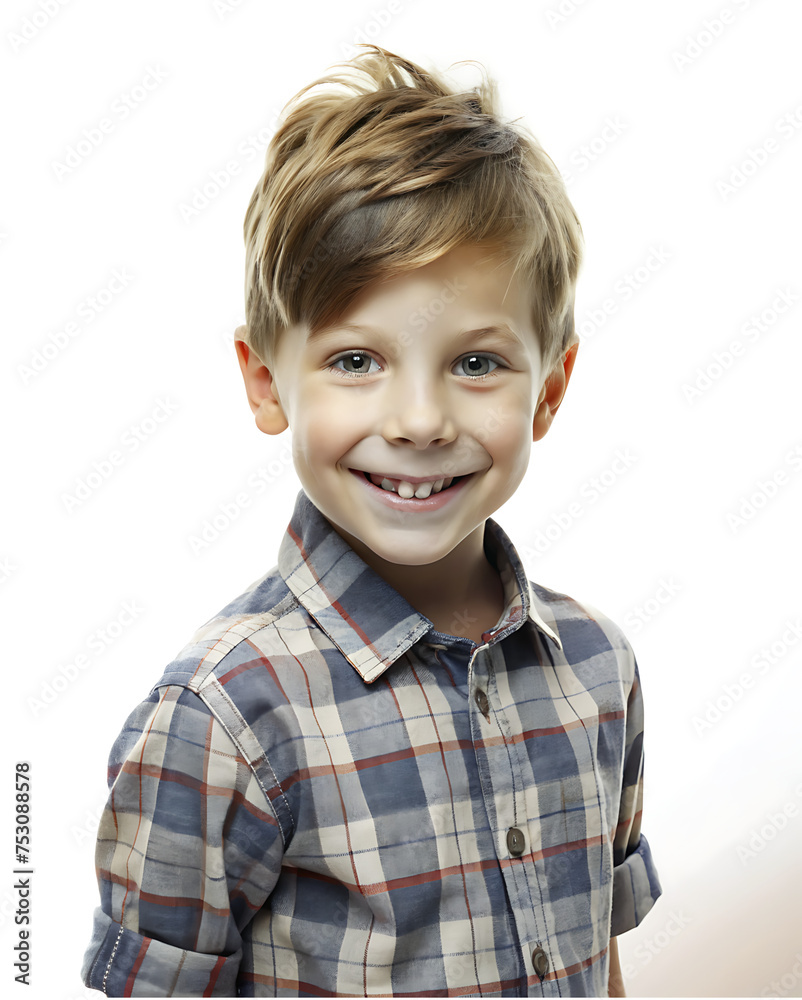 Portrait smiling boy in a checkered shirt on a white background Portrait smiling boy in a checkered shirt on a white background