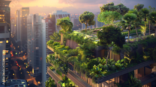 Lush rooftop gardens atop city buildings, providing fresh oxygen and a green retreat in the urban jungle. Sustainable green building. Eco-friendly building. Green architecture. © Artinun