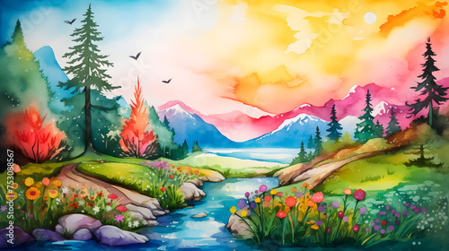 watercolor of beautiful landscape, painting of a beautiful landscape