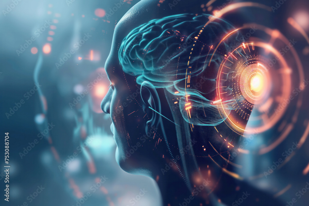 Fototapeta premium Futuristic Representation of Human and Artificial Intelligence Integration.Neural chip. 