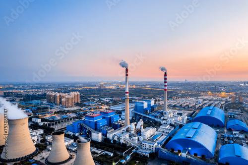 Aerial photo of a coal-fired power plant in Hohhot, Inner Mongolia, China at dusk