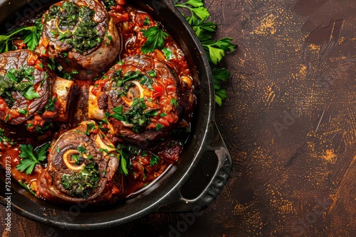 Traditional Italian dish Ossobuco all Milanese made with cut veal shank meat with vegetable tomato sauce served in black casserole pan top view on rustic brown background. 