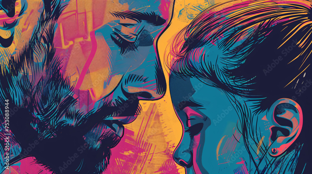 Pop art style close-up of a father and daughter, where bold lines and colors juxtapose their emotional distance - obrazy, fototapety, plakaty 