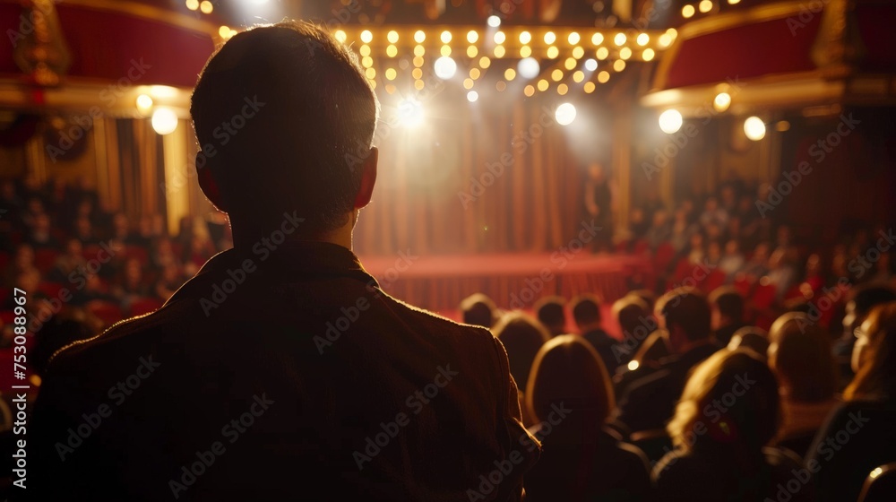 An audience member captured from behind, focusing on a stage performance under the bright lights of a classical theater setting An audience member captured from behind, focusing on a stage performance under the bright lights of a classical theater setting