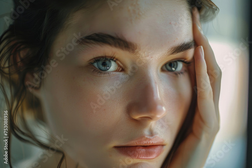 Young woman looks herself in mirror and examining her skin