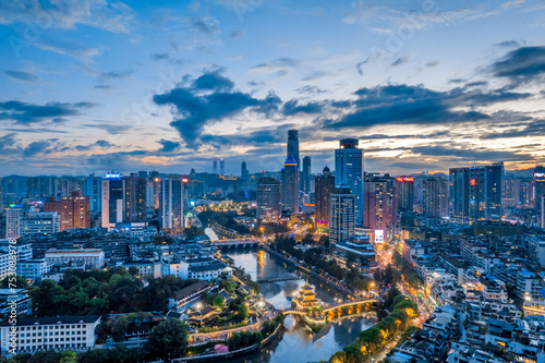 Aerial night view of Jiaxiulou and urban skyline in Guiyang  Guizhou  China