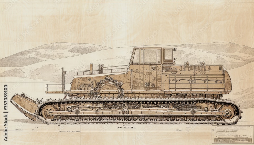 vintage blueprint of a Bombardier BR snowcat, track assemblies and catski 12 passenger compartment against snowy hills - obrazy, fototapety, plakaty 