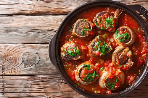 Traditional Italian dish Ossobuco all Milanese made with cut veal shank meat with vegetable tomato sauce served in black casserole pan top view on rustic brown wooden background. 