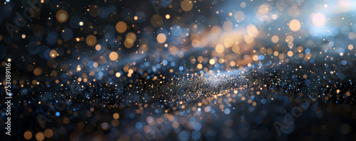 Glowing Bokeh Lights on Dark Background. A panoramic image depicting an array of glowing bokeh lights that create a magical, starry effect against a dark background.