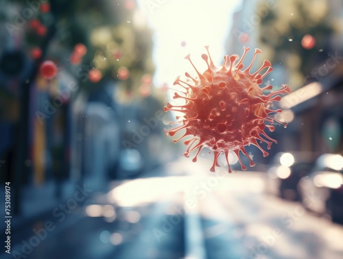 A close-up view of a single airborne viral particle against a blurred background of a typical urban environment. The invisible threat of airborne diseases in everyday life. AI © Iryna