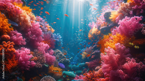 An underwater paradise featuring a colorful coral reef bustling with a variety of tropical fish.