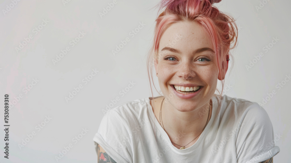 young woman with a cheerful smile, sporting a trendy top bun with pink hair, a nose ring, and visible tattoos, embodying a modern and joyful aesthetic. young woman with a cheerful smile, sporting a trendy top bun with pink hair, a nose ring, and visible tattoos, embodying a modern and joyful aesthetic.