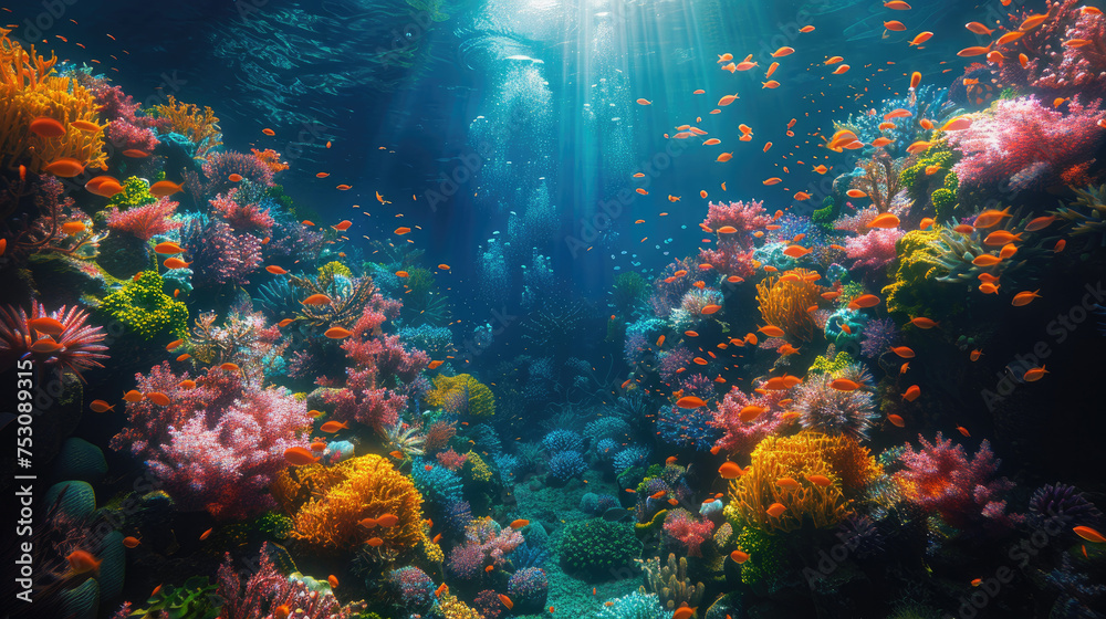 A vibrant underwater paradise unfolds, showcasing a colorful coral reef teeming with a variety of tropical fish, offering a mesmerizing glimpse into the wonders of the ocean depths.