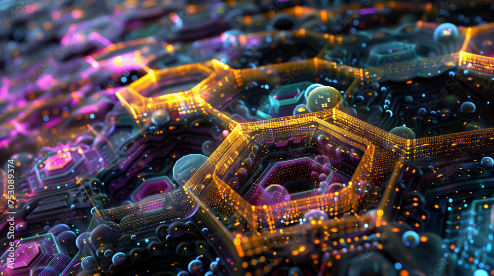Naklejka premium Neon Hexagon Network. Vivid neon-lit hexagonal shapes forming a futuristic network with dynamic depth and texture.