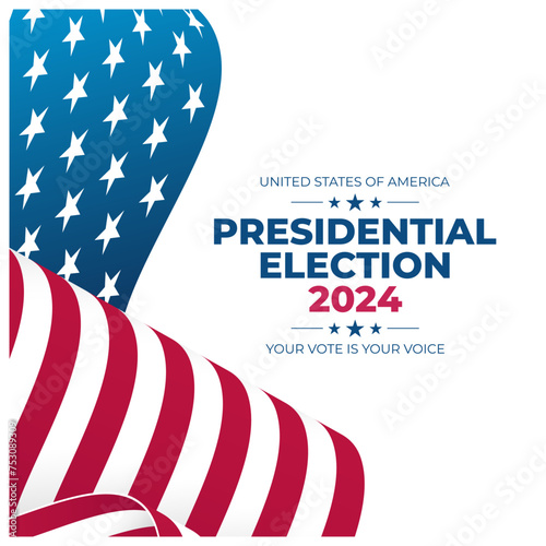 2024 United States Presidential Elections.  US President  Election Day background. Waving American Flag. Vector Illustration.