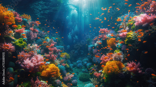 A vibrant underwater paradise unfolds, showcasing a colorful coral reef teeming with a variety of tropical fish, offering a mesmerizing glimpse into the wonders of the ocean depths. © HappyFarmDesign