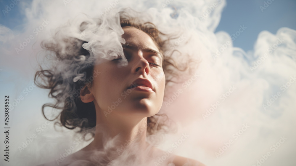 Woman enjoy face in smoke