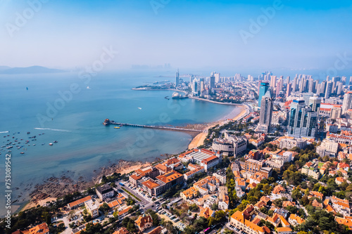 A panoramic aerial photo of European style buildings in the southern district of Qingdao, Shandong, China photo