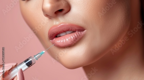 beautiful lips of a white woman injecting for natural lip thickness increase