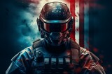 Futuristic soldier in helmet with dramatic lighting and abstract background.