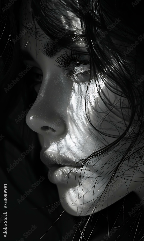 a black and white photo of a woman with shadow a black and white photo of a woman with shadow