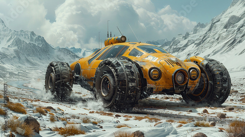 Futuristic yellow all-terrain vehicle on a snowy mountain landscape under cloudy skies