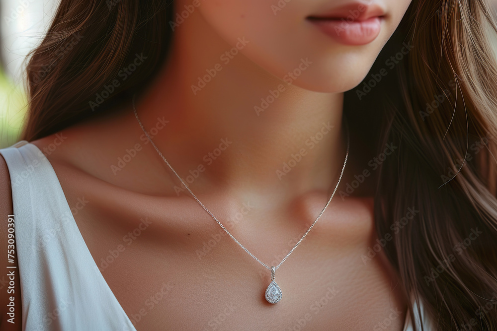 Diamond pear shaped necklace. Delicate Diamond Pendant on Young Woman Diamond pear shaped necklace. Delicate Diamond Pendant on Young Woman