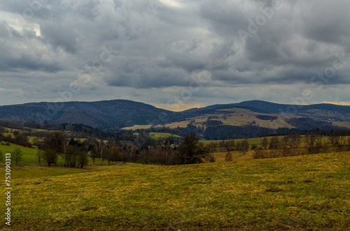 Loucna nad Desnu, Czech 5 March 2024:Beautiful Czech landscape, Jesenik and Kralik mountains in the Dlouhe strane water reservoir