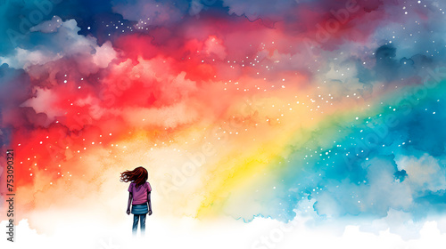 rainbow watercolor, child seeing a rainbow in the sky