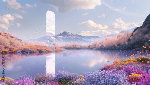 A breathtaking landscape with a monolith reflecting on a lake against a backdrop of mountains and cherry blossoms photo