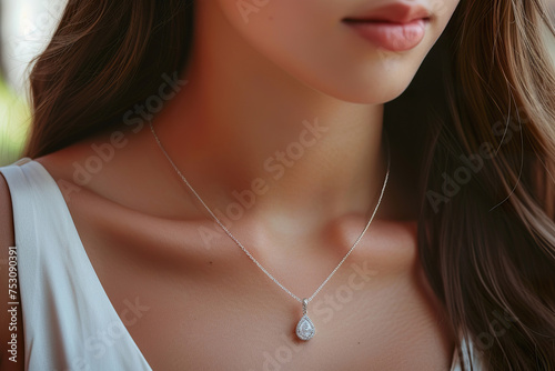 Diamond pear shaped necklace. Delicate Diamond Pendant on Young Woman