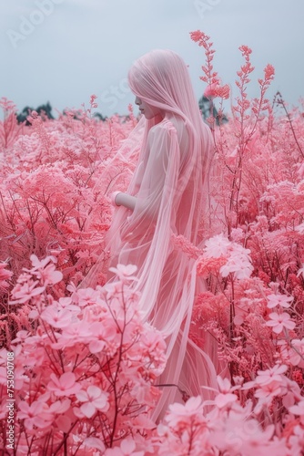 Mysterious woman shrouded in a translucent gown wanders in a surreal pink-hued floral landscape, evoking a dreamlike quality